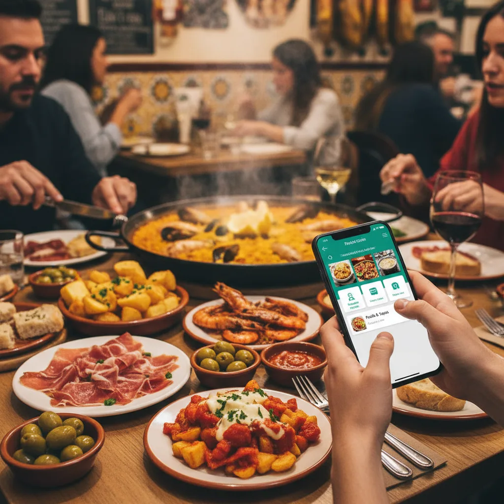 Spanish tapas and paella with smartphone showing travel app demonstrating eSIM connectivity