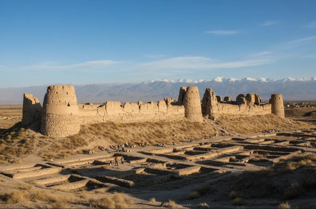 Traveler exploring ancient Penjikent Silk Road archaeological ruins while using mobile phone with eSIM for historical research and photo sharing