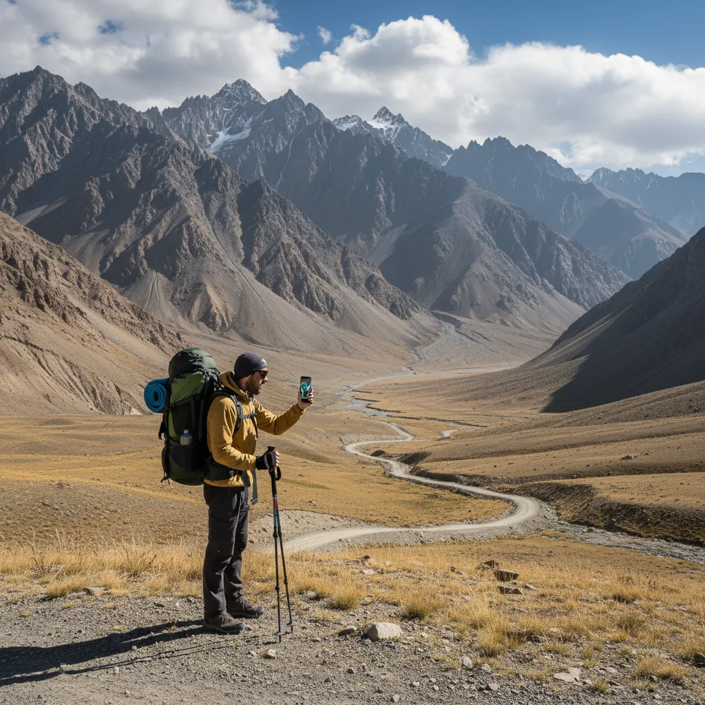 Trekker navigating remote Pamir Highway mountain pass with smartphone showing eSIM connectivity for navigation and safety