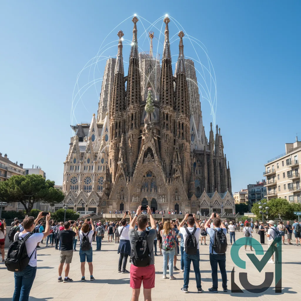 Traveler using smartphone with eSIM for navigation in Barcelona Spain near Sagrada Familia