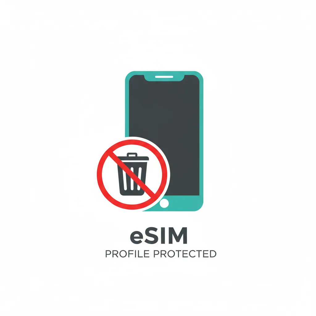 Warning icon with smartphone and crossed-out trash bin symbol representing the dangers of permanently deleting eSIM profiles without understanding consequences