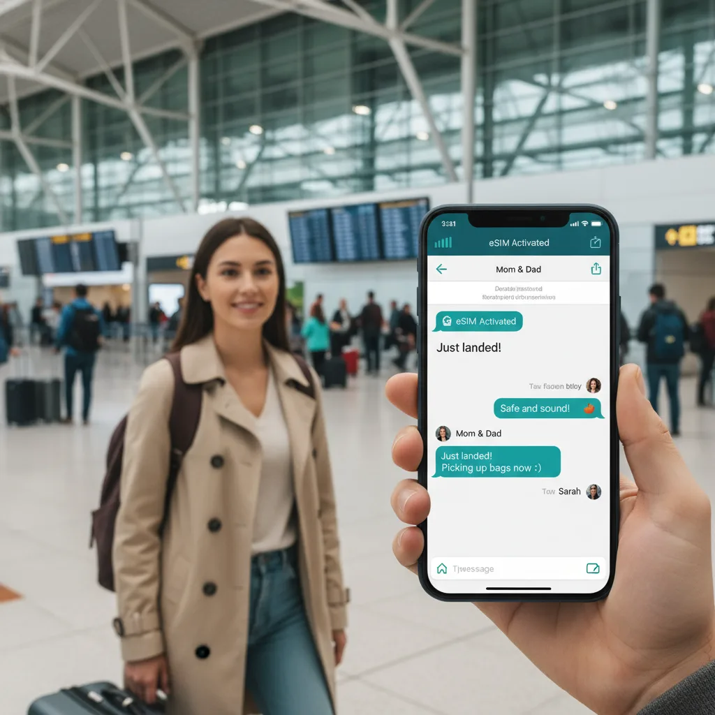 Traveler at international airport terminal with activated eSIM showing full signal bars and messaging loved ones about safe arrival